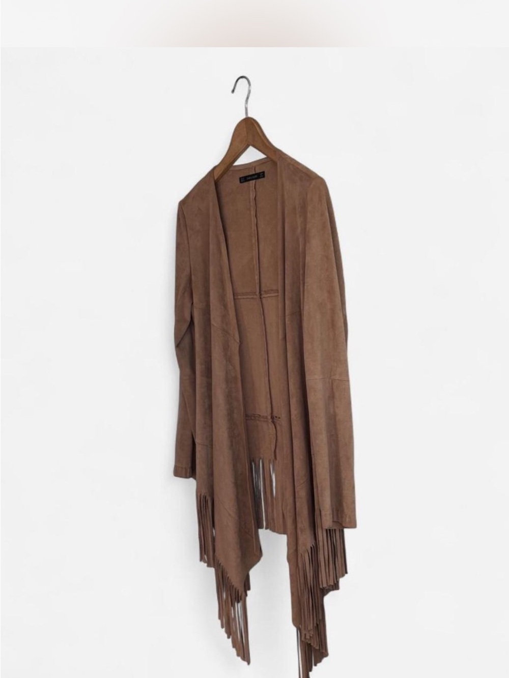Zara Tan Faux Suede Fringe Jacket Boho Waterfall Cardigan Coat Medium - Picture 5 of 8